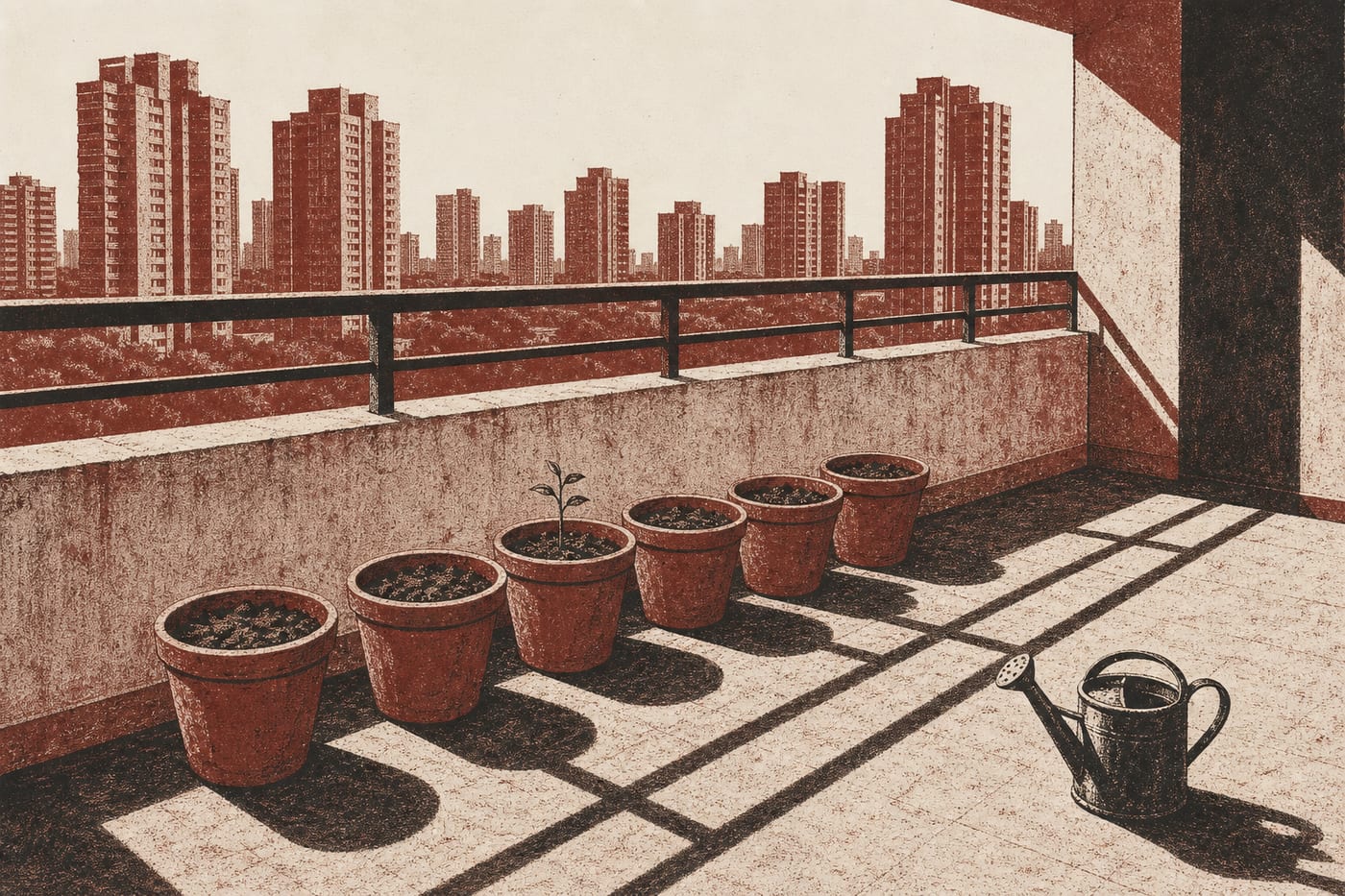 An upper-floor Gurugram balcony with six empty gamlas in hard afternoon light